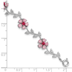 Sterling Silver Rhod-plated 7.75in Pink and Clear CZ Flower Bracelet QX420CZ