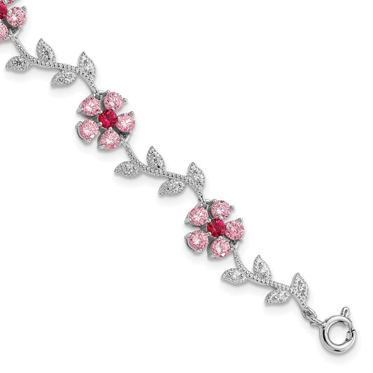 Sterling Silver Rhod-plated 7.75in Pink and Clear CZ Flower Bracelet QX420CZ