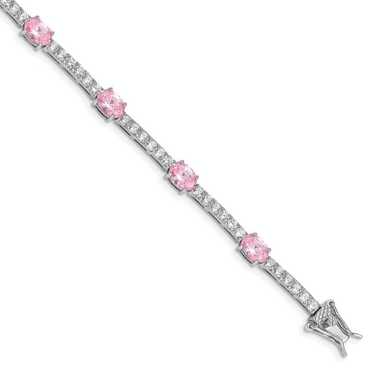 Sterling Silver Rhodium-plated 7inch Pink and Clear CZ Bracelet QX422CZ