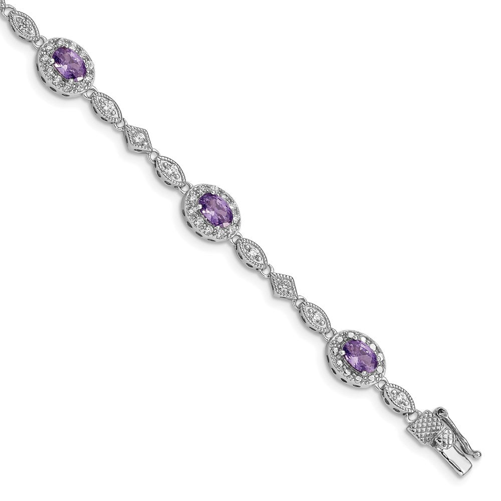 Sterling Silver Rhodium-plated Purple and Clear CZ Bracelet QX433CZ