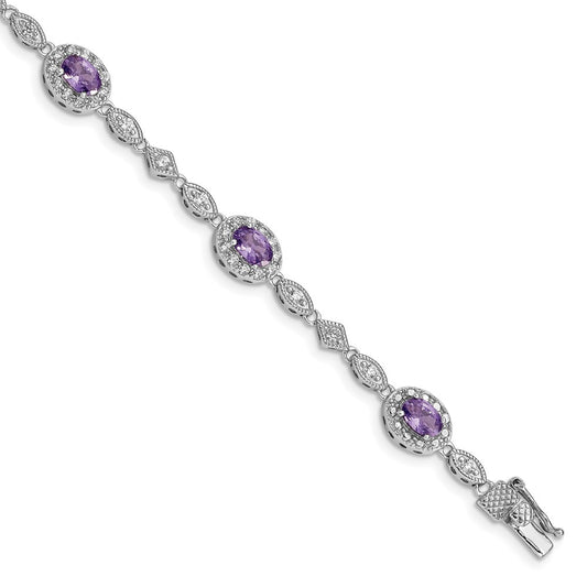 Sterling Silver Rhodium-plated Purple and Clear CZ Bracelet QX433CZ
