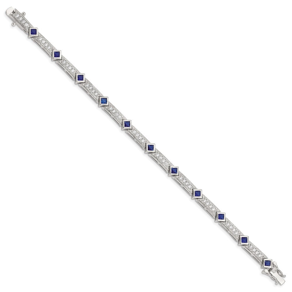 Sterling Silver Rhodium-plated Blue Glass and CZ 7.25 inch Bracelet QX436CZ