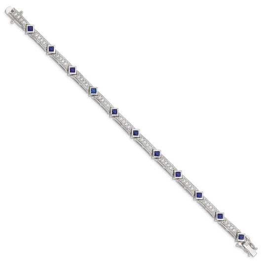 Sterling Silver Rhodium-plated Blue Glass and CZ 7.25 inch Bracelet QX436CZ