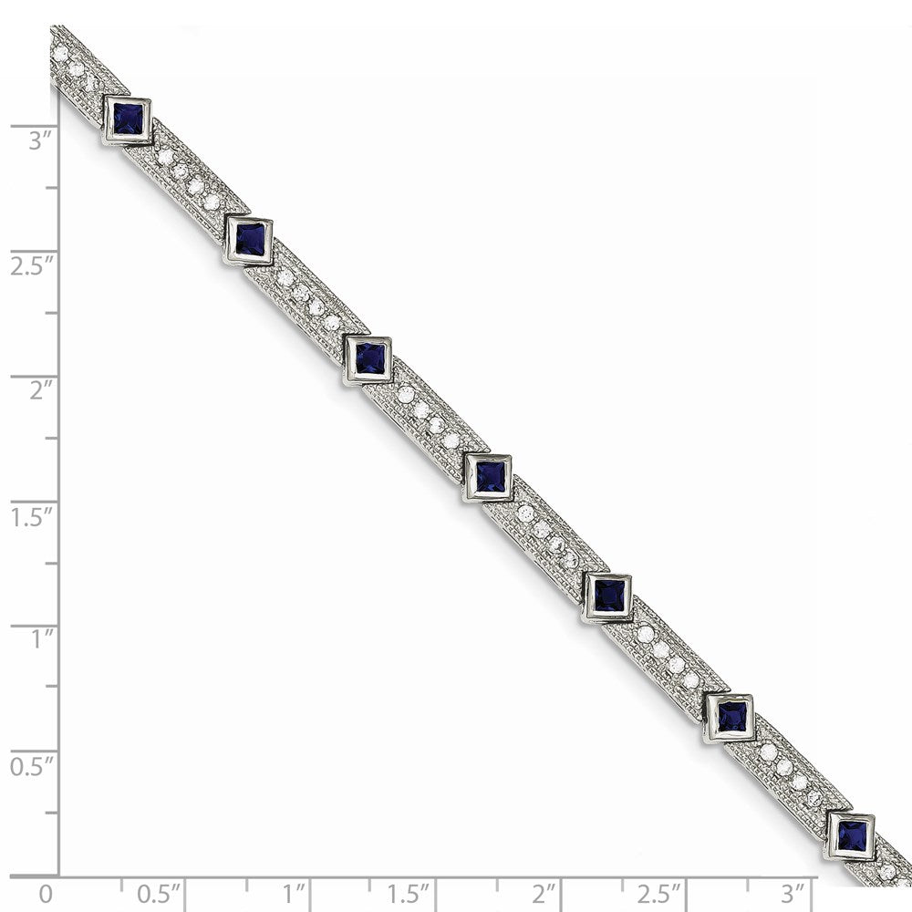 Sterling Silver Rhodium-plated Blue Glass and CZ 7.25 inch Bracelet QX436CZ