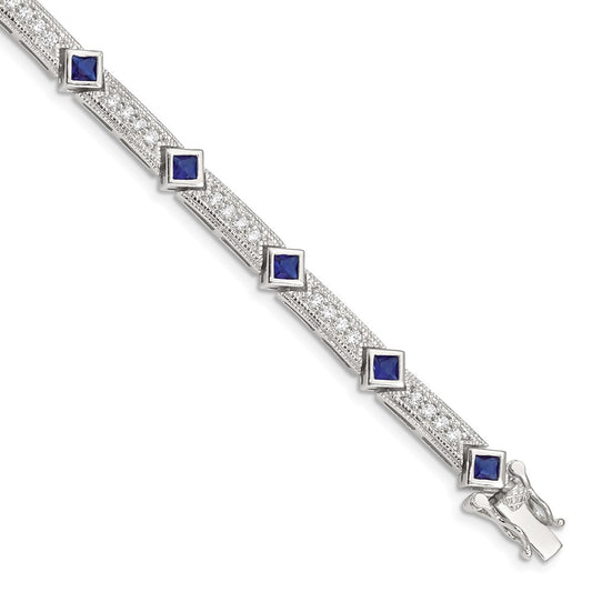 Sterling Silver Rhodium-plated Blue Glass and CZ 7.25 inch Bracelet QX436CZ
