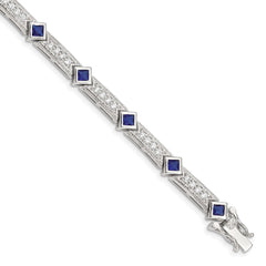 Sterling Silver Rhodium-plated Blue Glass and CZ 7.25 inch Bracelet QX436CZ