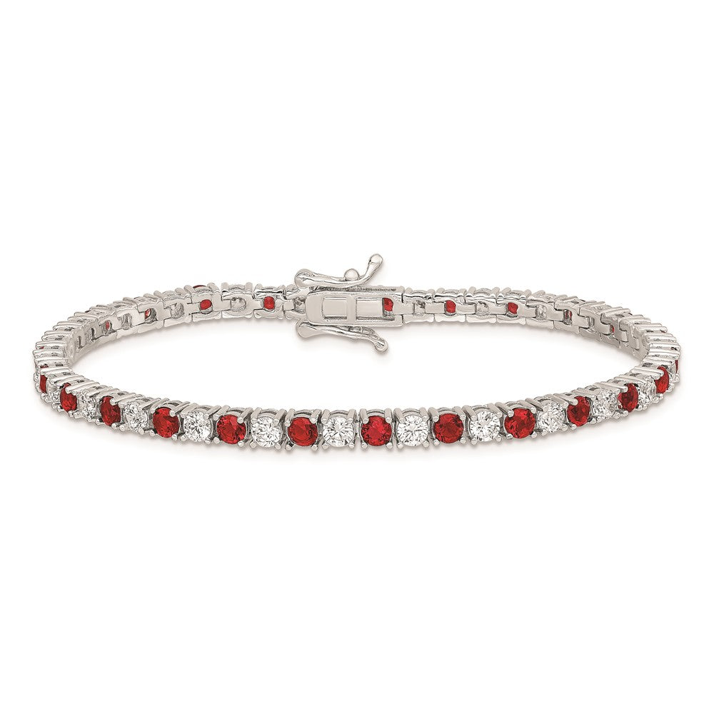 Sterling Silver Rhodium-plated Red Glass and CZ  7 inch Bracelet QX439CZ