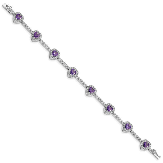 Sterling Silver Rhodium-plated Amethyst and Clear CZ Heart Bracelet QX452AM