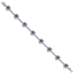 Sterling Silver Rhodium-plated Amethyst and Clear CZ Heart Bracelet QX452AM