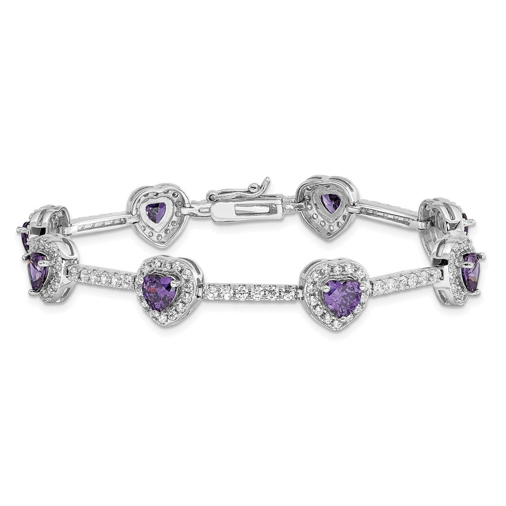 Sterling Silver Rhodium-plated Amethyst and Clear CZ Heart Bracelet QX452AM