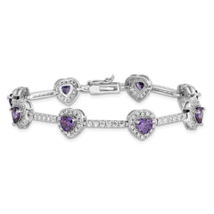 Sterling Silver Rhodium-plated Amethyst and Clear CZ Heart Bracelet QX452AM