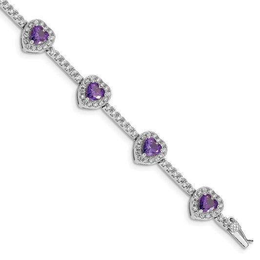 Sterling Silver Rhodium-plated Amethyst and Clear CZ Heart Bracelet QX452AM