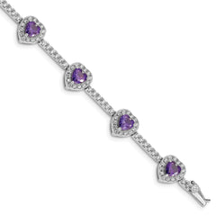 Sterling Silver Rhodium-plated Amethyst and Clear CZ Heart Bracelet QX452AM