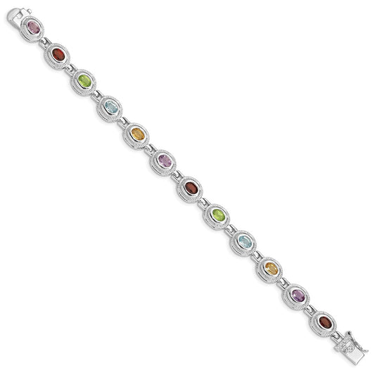 Sterling Silver Rhod-pltd 7inch Rainbow Multi-gemstone Bracelet QX474RB