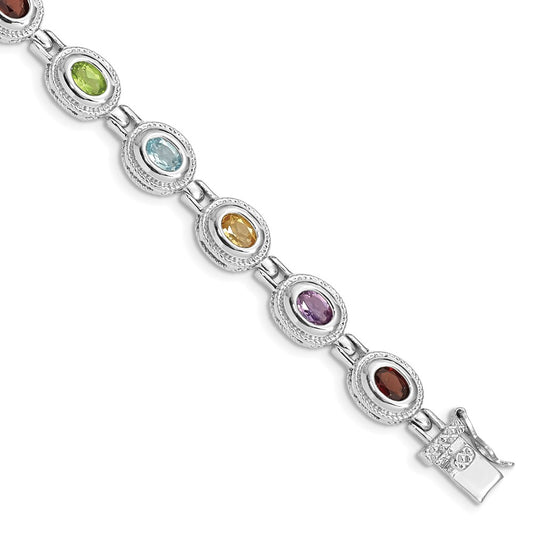 Sterling Silver Rhod-pltd 7inch Rainbow Multi-gemstone Bracelet QX474RB