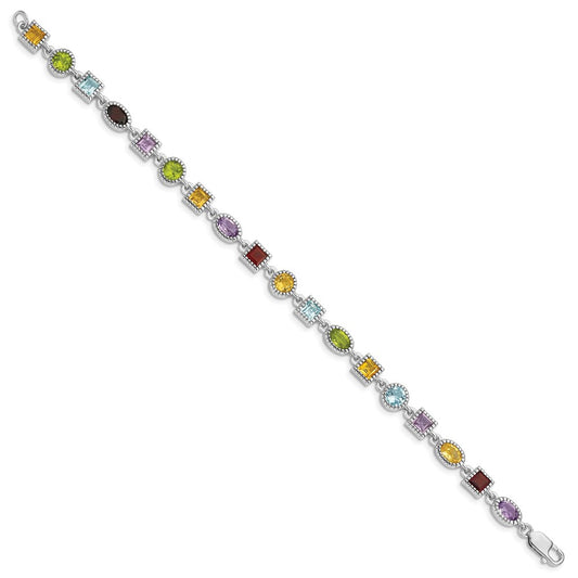 Sterling Silver 7inch Rhod Plated Rainbow Multi-gemstone Bracelet QX476RB
