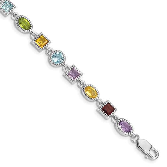 Sterling Silver 7inch Rhod Plated Rainbow Multi-gemstone Bracelet QX476RB