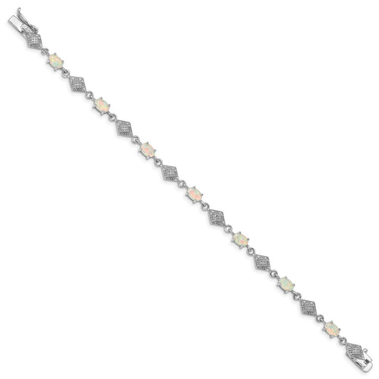 Sterling Silver Rhodium-plated White Created Opal and CZ Bracelet QX520CP