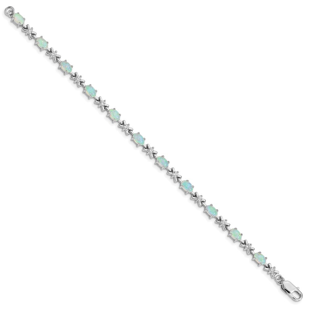 Sterling Silver Rhodium Plated 7inch CZ/Created Opal XO Bracelet QX521CP