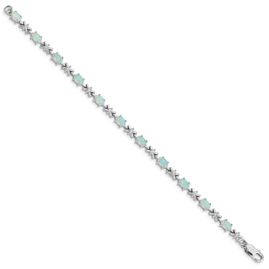 Sterling Silver Rhodium Plated 7inch CZ/Created Opal XO Bracelet QX521CP