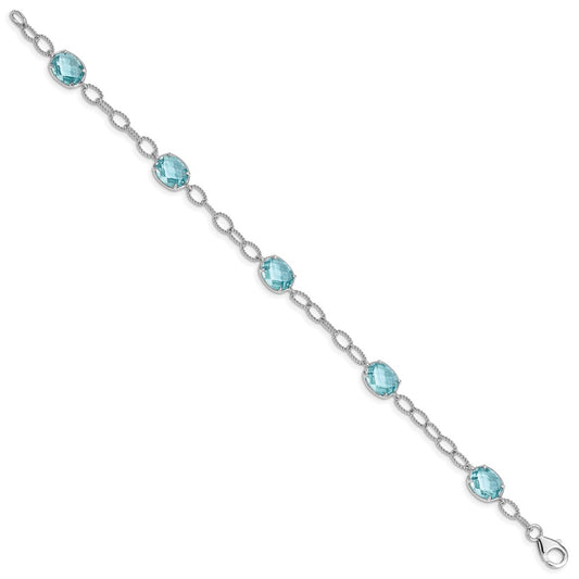 Sterling Silver Rhodium-plated Aqua Blue CZ Textured Link Bracelet QX605CZ