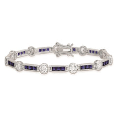 Sterling Silver Rhodium-plated Blue Glass and CZ 7.25 inch Bracelet QX631CZ