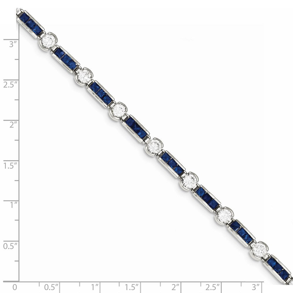 Sterling Silver Rhodium-plated Blue Glass and CZ 7.25 inch Bracelet QX631CZ