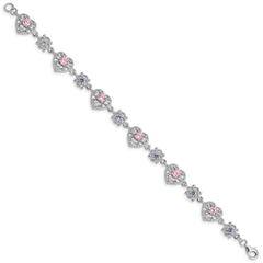 Sterling Silver Rhod-plated 7inch Pink and Clear CZ Heart Bracelet QX638CZ