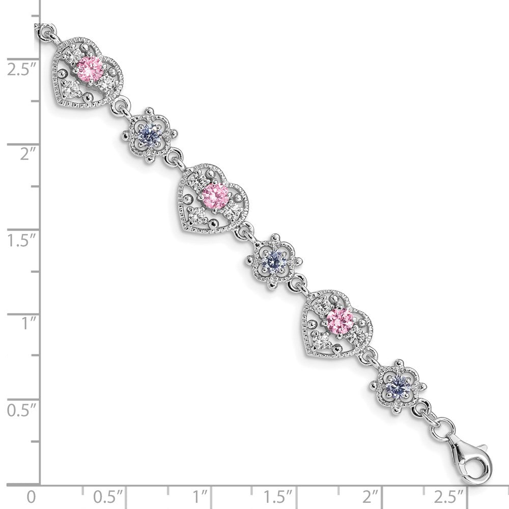 Sterling Silver Rhod-plated 7inch Pink and Clear CZ Heart Bracelet QX638CZ