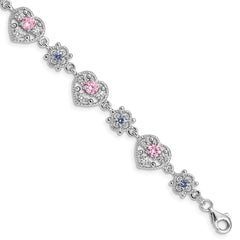 Sterling Silver Rhod-plated 7inch Pink and Clear CZ Heart Bracelet QX638CZ