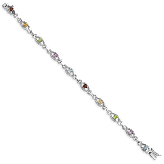 Sterling Silver 7in Rhod Plated Multicolored Gemstone Link Bracelet QX802RB