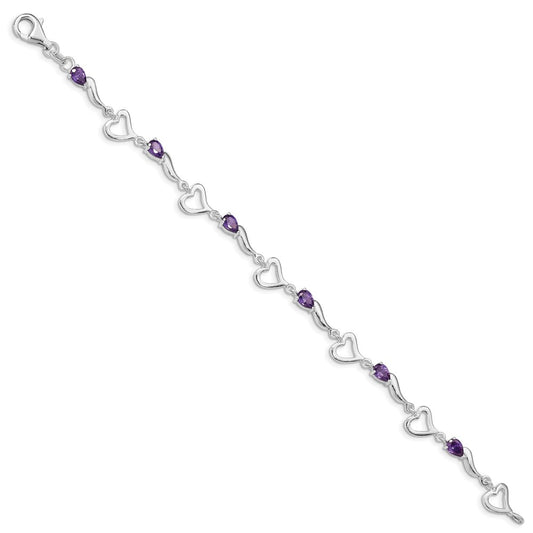 Sterling Silver Rhodium-plated Amethyst Polished Fancy Heart Bracelet QX809AM
