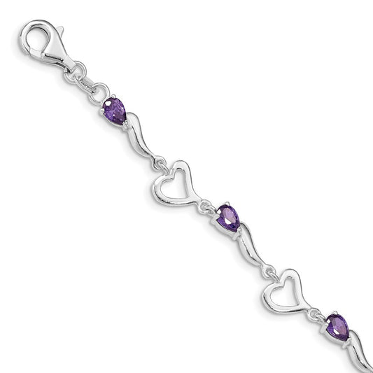 Sterling Silver Rhodium-plated Amethyst Polished Fancy Heart Bracelet QX809AM