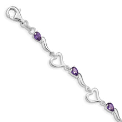 Sterling Silver Rhodium-plated Amethyst Polished Fancy Heart Bracelet QX809AM