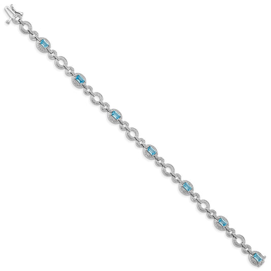 Sterling Silver Rhodium-plated Dia. & Lt Swiss Blue Topaz Oval Bracelet QX819BT