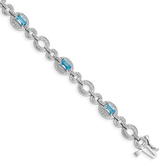Sterling Silver Rhodium-plated Dia. & Lt Swiss Blue Topaz Oval Bracelet QX819BT