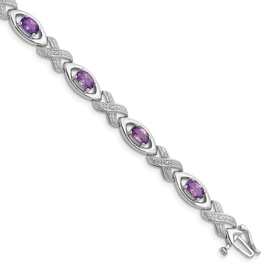 Sterling Silver Rhodium-plated Diamond & Amethyst Bracelet QX820AM