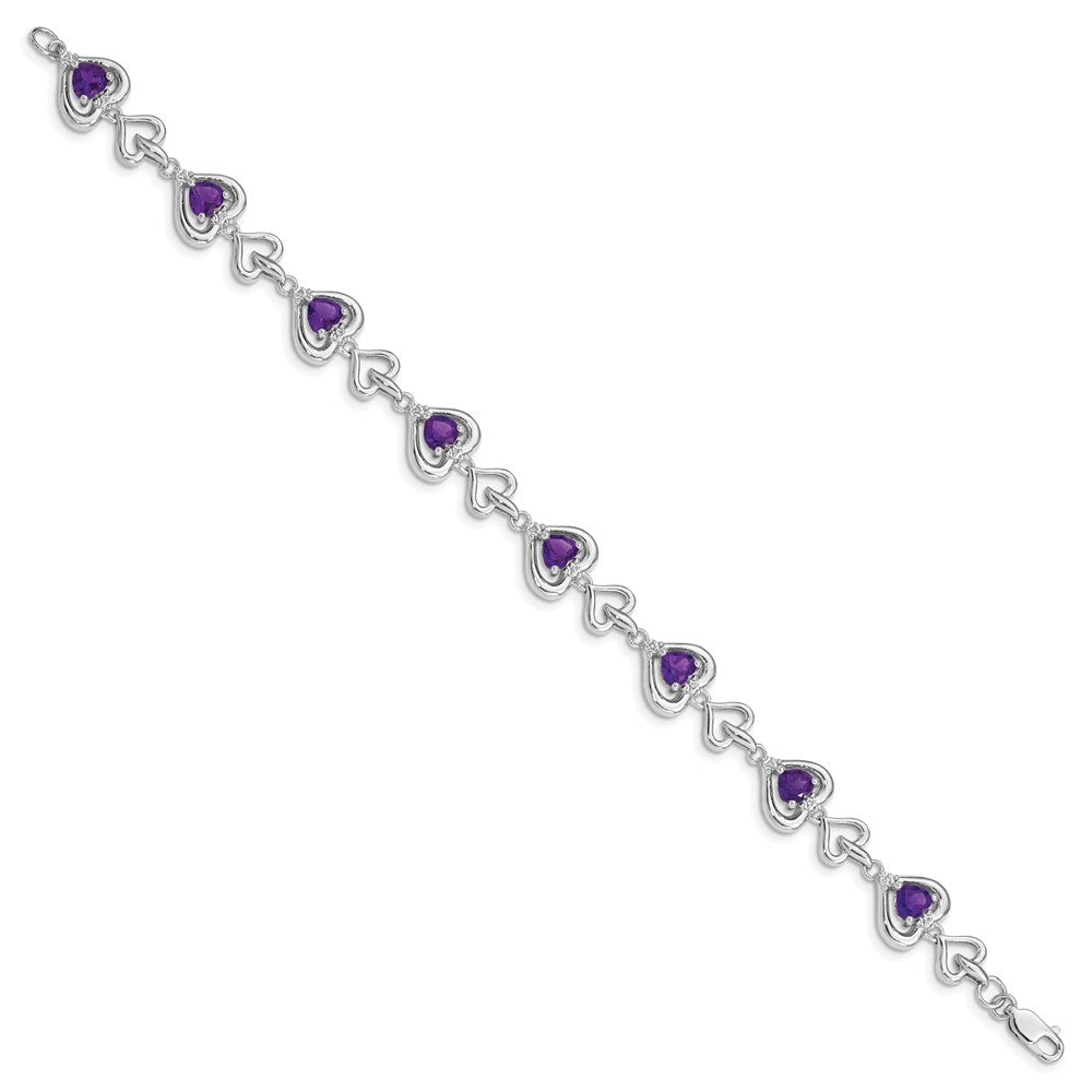 Sterling Silver Rhodium-plated Diamond & Heart Link Amethyst Bracelet QX826AM