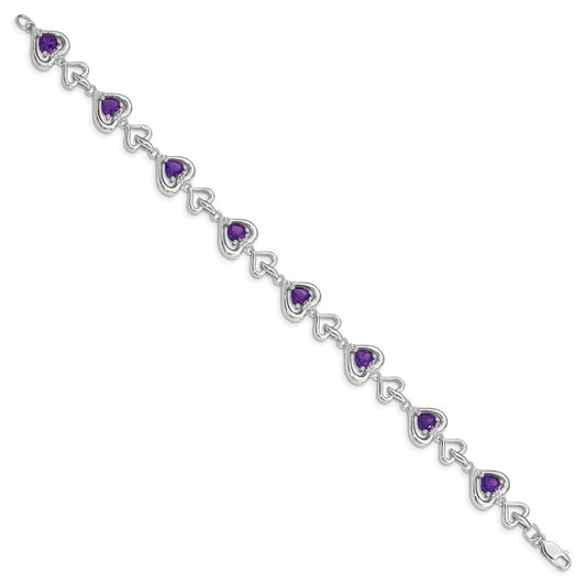 Sterling Silver Rhodium-plated Diamond & Heart Link Amethyst Bracelet QX826AM