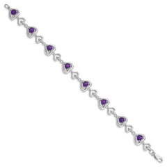 Sterling Silver Rhodium-plated Diamond & Heart Link Amethyst Bracelet QX826AM