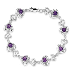 Sterling Silver Rhodium-plated Diamond & Heart Link Amethyst Bracelet QX826AM