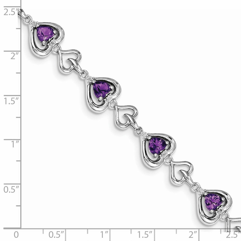 Sterling Silver Rhodium-plated Diamond & Heart Link Amethyst Bracelet QX826AM
