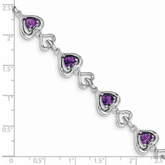 Sterling Silver Rhodium-plated Diamond & Heart Link Amethyst Bracelet QX826AM