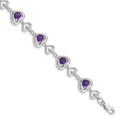 Sterling Silver Rhodium-plated Diamond & Heart Link Amethyst Bracelet QX826AM