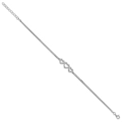 Sterling Silver Rhodium-plated Polished Three Linked CZ Open Hearts 7 inch Bracelet with 1 inch extension QX923CZ