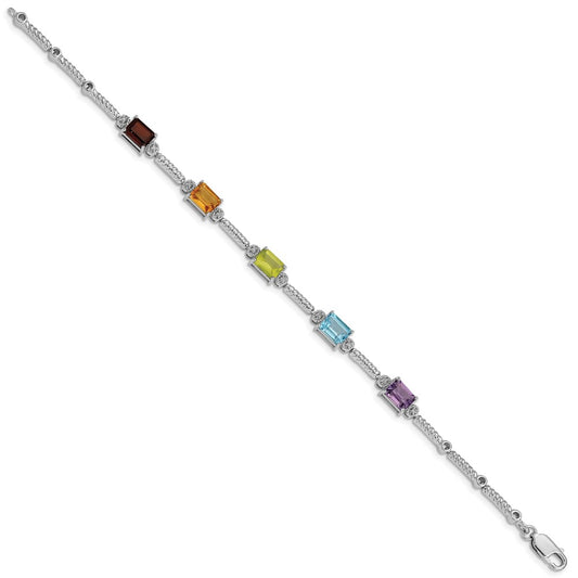 Sterling Silver Rhodium-plated Multi Gemstone & Diamond Tennis Bracelet QX947RB
