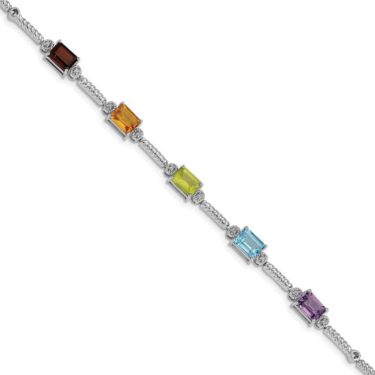Sterling Silver Rhodium-plated Multi Gemstone & Diamond Tennis Bracelet QX947RB