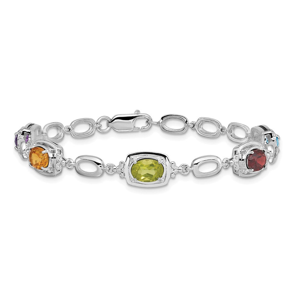 Sterling Silver Rhodium-plated Multi Gemstone Link Bracelet QX948RB
