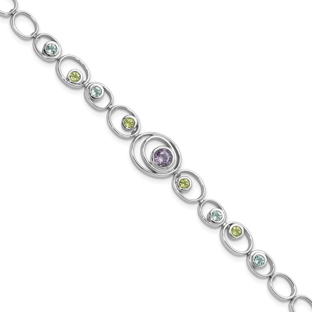 Sterling Silver Rhodium-plated w/Peridot, Blue Topaz &Amethyst Bracelet QX950RB
