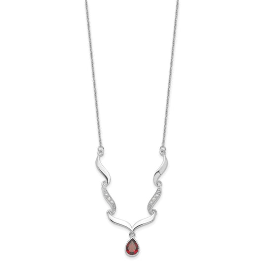 Sterling Silver Rhodium-plated w/Garnet & White Topaz w/2in. ext. Necklace QX954GA